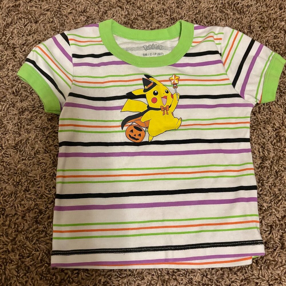 Pokemon Halloween T Shirt Small 6/7 Pikachu Graphic Striped Ringer White Green
